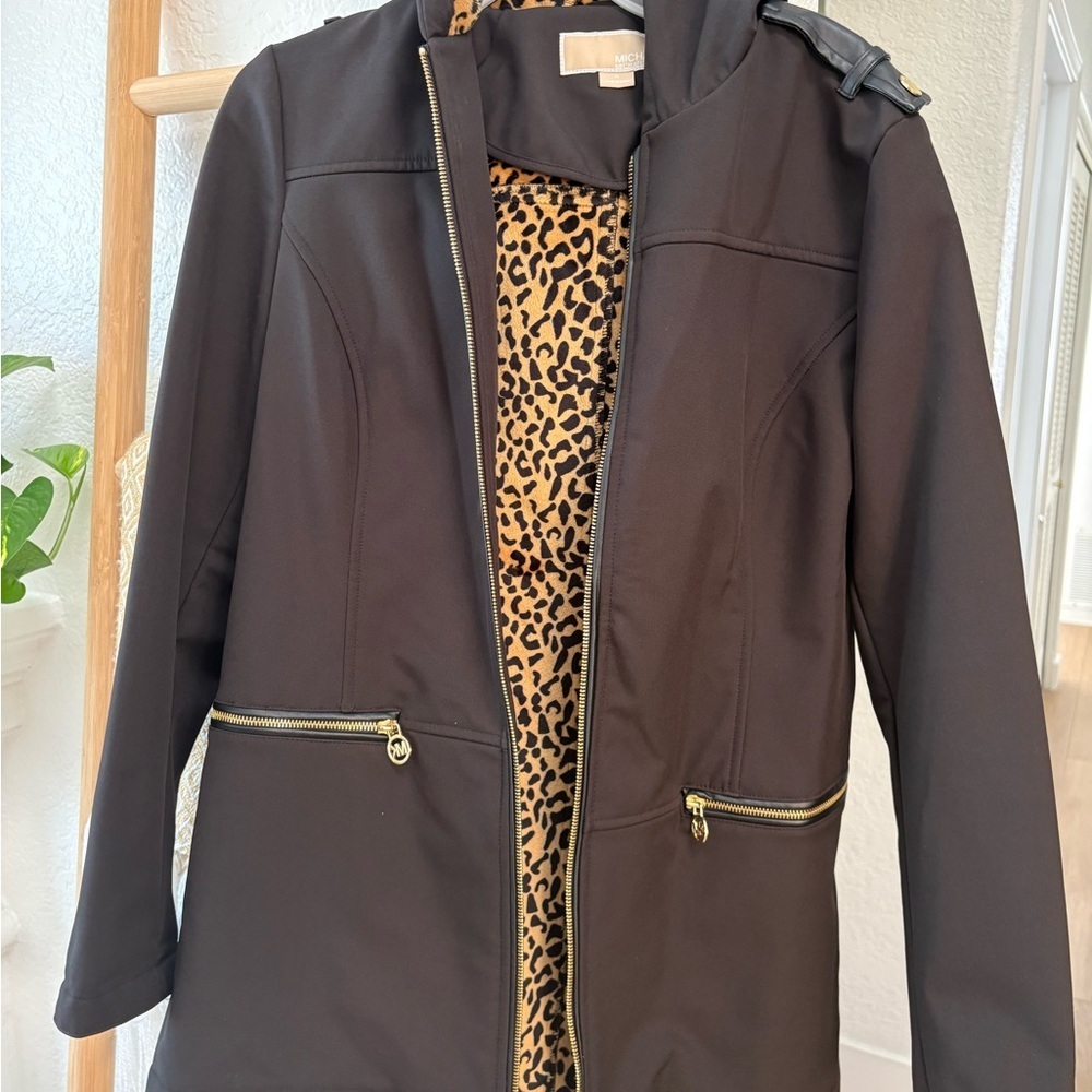 MICHAEL Michael Kors Black Trench Coat with Leopard Lining